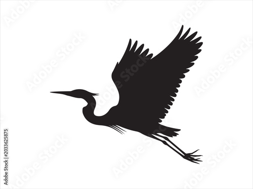 Flying Heron or Egret Bird Black Silhouette Vector Great Blue Heron in Flight Isolated Illustration Design