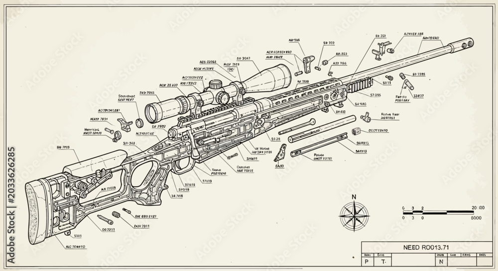 Fototapeta premium Detailed engineering blueprint diagram of a sniper rifle with exploded view and component labels, showcasing mechanical intricacies and design elements
