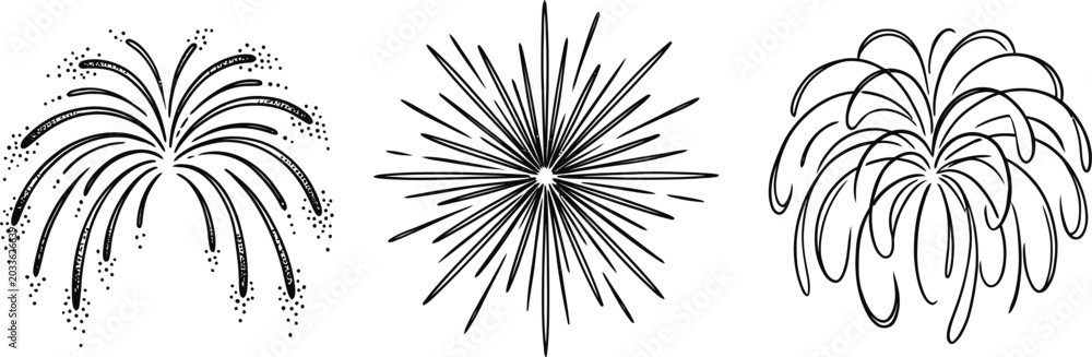 Obraz premium Set of three hand drawn firework sketches in black ink style.