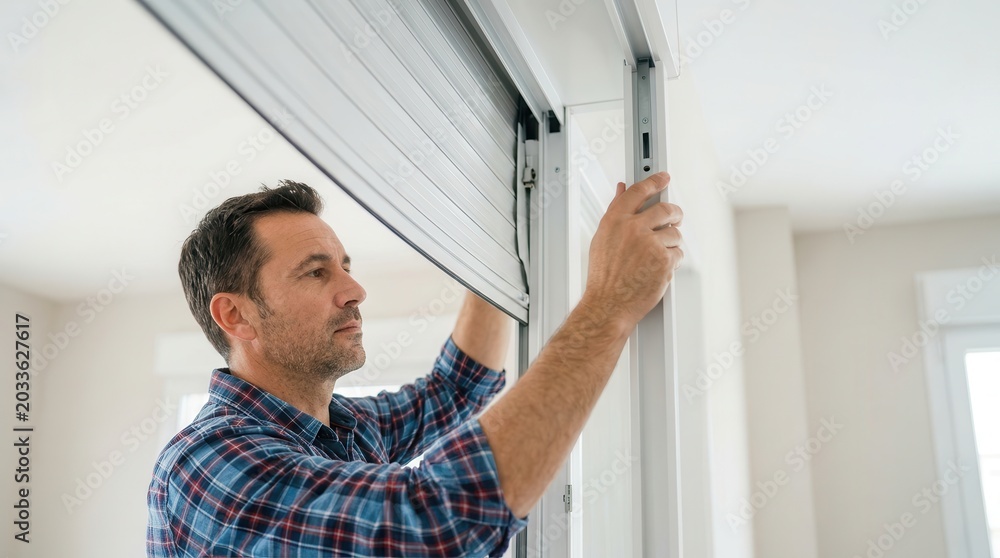 Fototapeta premium Professional man fitting a new roller shutter over a doorframe.