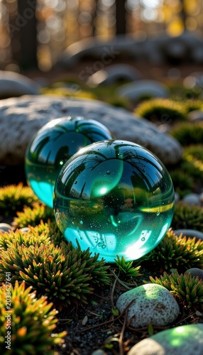 Close-up of Reflective Glass Spheres Amidst Sunlit Forest Floor Foliage