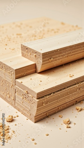 Stack of Beveled Wooden Planks with Sawdust Close-Up in Warm Lighting