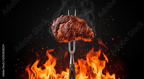 Grilled steak on a fork with flames. Delicious meat cooked on the grill. Barbecue concept.
