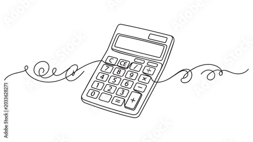 Minimalist continuous line art drawing of a electronic calculator isolated on white background depicting financial precision and mathematical conceptual accounting