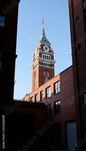 Historic Clock Tower Framed by Urban Brick Alley under Clear Blue Sky