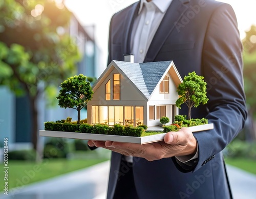Elegant Miniature House Model Presented by Businessman in Residential Street Setting