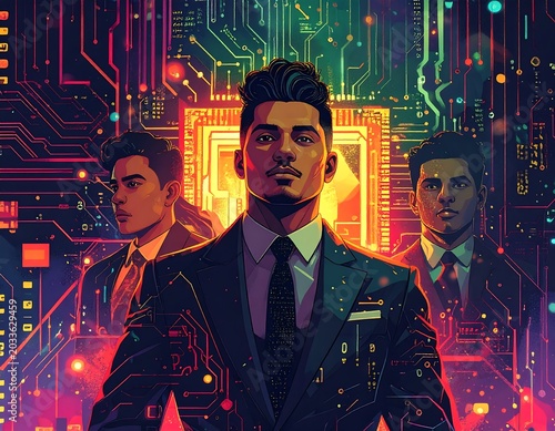 Confident Young Men Standing in Futuristic Circuit Board Environment