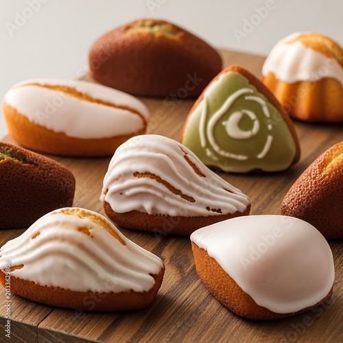 Assorted madeleine cakes on wooden board.
