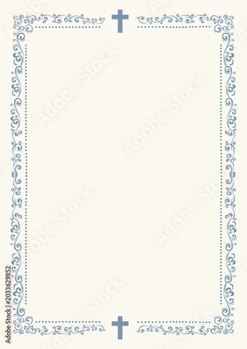 Obituary memorial lettering and floral ornament with cross isolated monochrome frame. Vector grief text with crucifix, flowers and leaves border, funeral inscription. Condolence message on gravestone