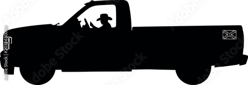Silhouette of pickup truck with cowboy hat driver isolated in profile view