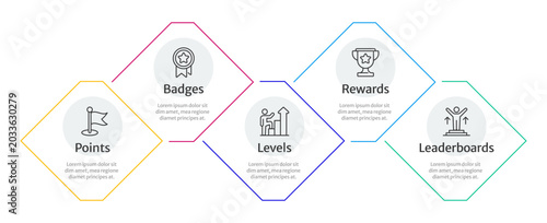 Photography Gamification elements multicolor rhombus infographic 5 steps
