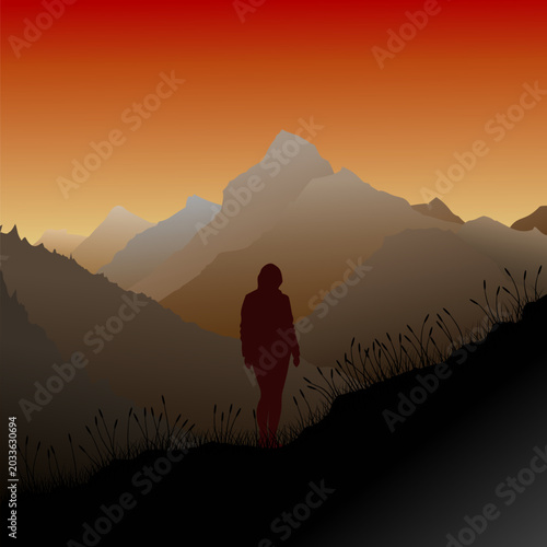 Illustration of a lone person standing on a grassy mountain ridge during sunset, with layered mountain silhouettes fade into the distance beneath a dramatic red-to-golden gradient sky.