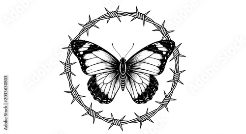 Foto Black butterfly, barbed wire circle, monochrome insect, wire thorn wreath, minim