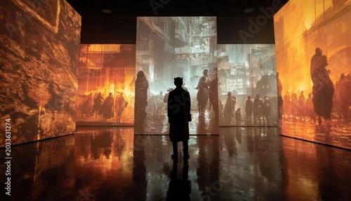 Man standing in front of an immersive digital art installation with vibrant projections and futuristic scenes