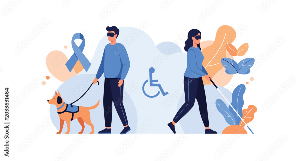 Fototapeta premium illustration of visually impaired people walking with a trained guide dog and a white cane to navigate safely in a colorful stylized environment.