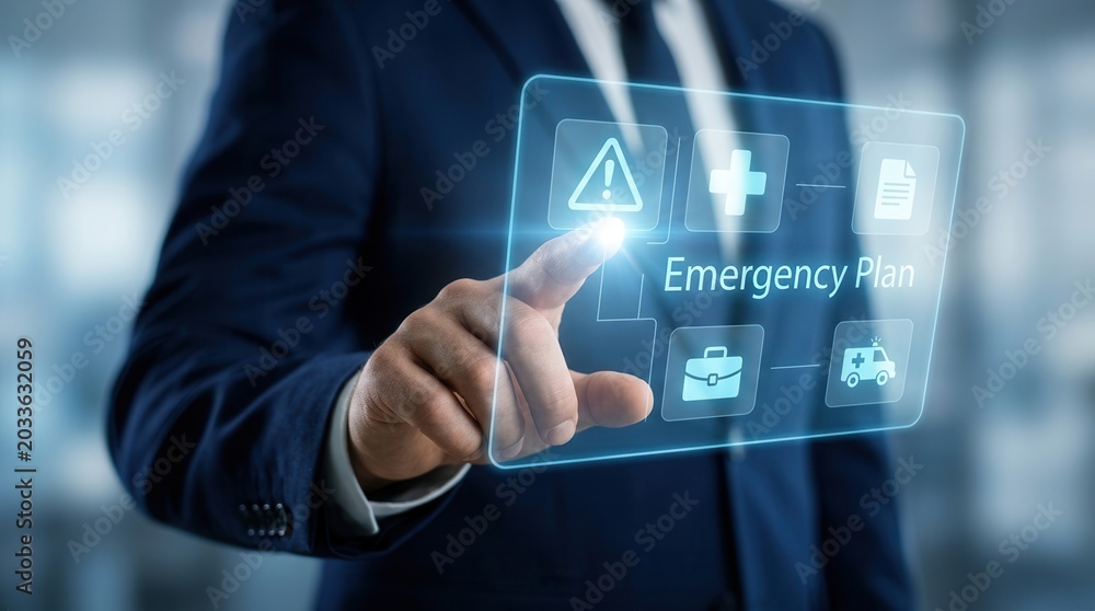 Fototapeta premium Businessman interacting with a holographic emergency plan screen for crisis management.