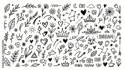 Photos Collection of Hand-Drawn Doodle Elements Arrows, Hearts, Flowers, Crowns, and St