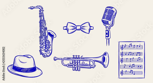 Jazz music icons, blue illustrations, musical instruments, sheet music, vintage style