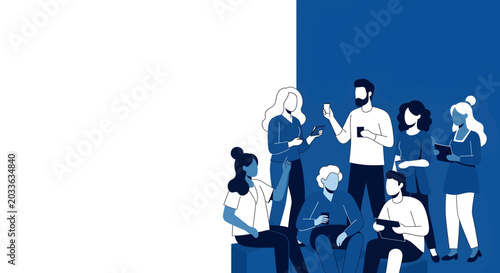 An illustration of a diverse group of people using various digital devices like smartphones and tablets, depicting modern social interaction and technology.