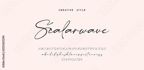 Scalarwave Handwritten Script Font Displaying Uppercase Lowercase Letters and Numbers on Pink Background