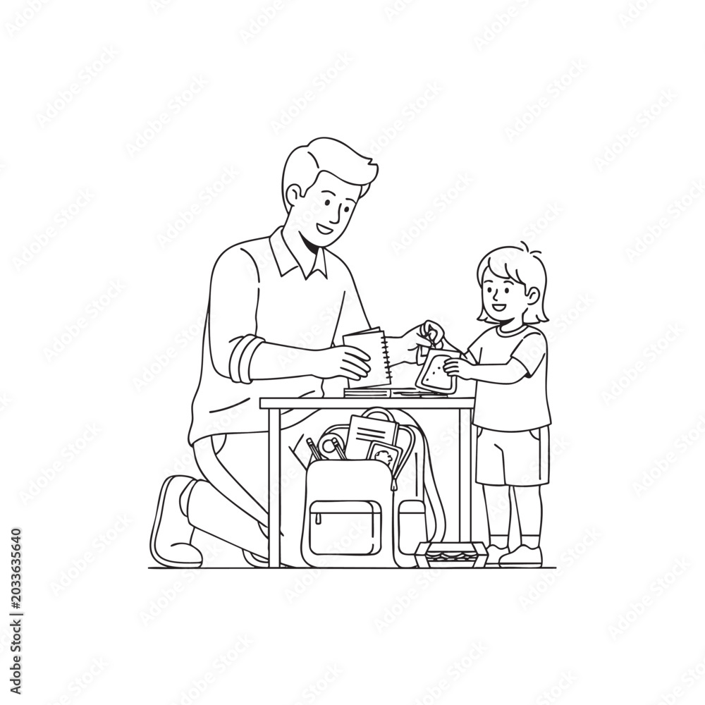 Fototapeta premium Father and child packing school backpack black and white line art