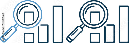 Magnifying glass and bar chart icon set business analysis and market research vector