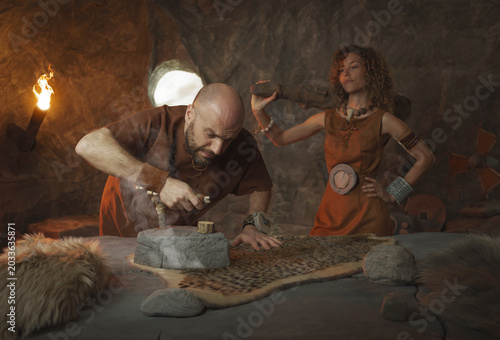 Принти на полотні Prehistoric family and gender roles: confident bossy wife and submissive man doi