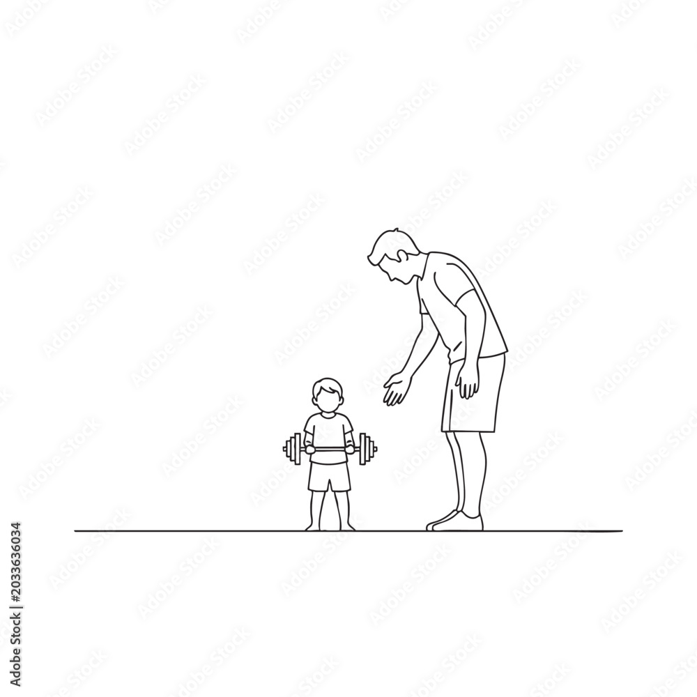 Fototapeta premium Father training child with barbell weight line art illustration