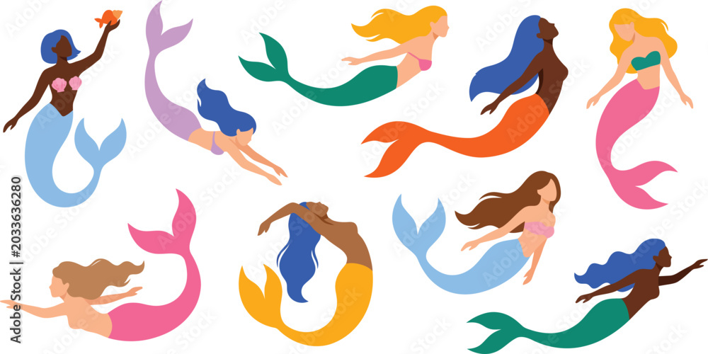 Fototapeta premium Diverse mermaid hand drawn illustration set. Colorful style sea mermaids cartoon graphic collection. Summer vacation element design.