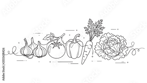 Minimalist Continuous Line Drawing Of Fresh Garden Vegetables Garlic Tomato Bell Pepper Carrot And Cabbage Isolated On White Background For Healthy Food Concept Vector