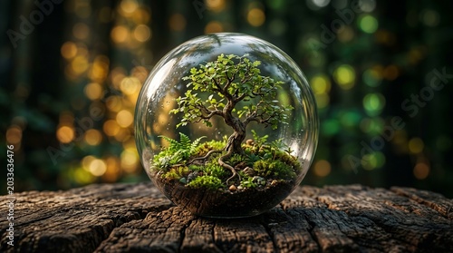 World Environment Day banner with miniature green tree inside glass sphere on rustic wooden table, cinematic forest bokeh background, sustainability concept