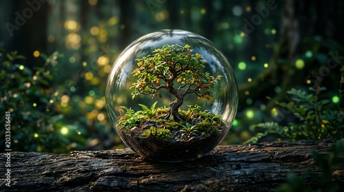 World Environment Day banner with miniature green tree inside glass sphere on rustic wooden table, cinematic forest bokeh background, sustainability concept