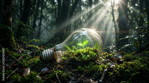 World Environment Day typography with miniature ecosystem growing inside a lightbulb on a mossy forest floor, green energy and ecology concept