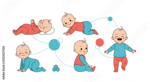 Cute baby character is shown in five different stages of movement from lying on back to taking its very first steps.