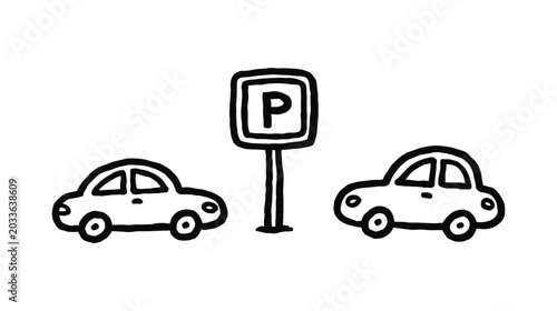 Simple hand-drawn cartoon cars parked around a p parking sign