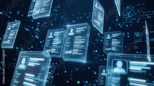 Digital recruitment and resume screening in a futuristic virtual environment.