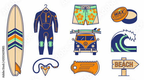Vibrant Illustration of Essential Surfing Gear and Beach Lifestyle Elements for a Perfect Summer Adventure