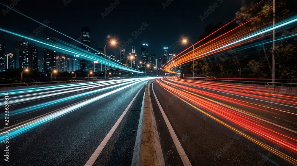 Obraz premium Dynamic car motion trails with colorful speed light streaks on a city road at night.