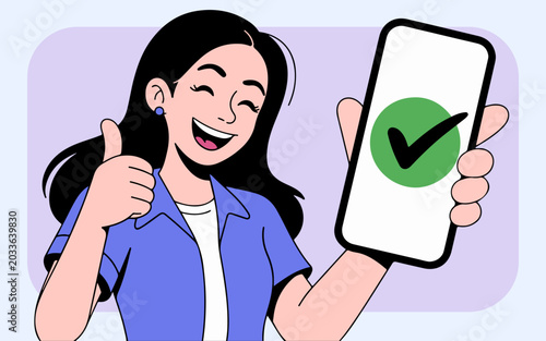 Happy smiling woman showing smartphone screen with green check mark and giving thumbs up vector illustration