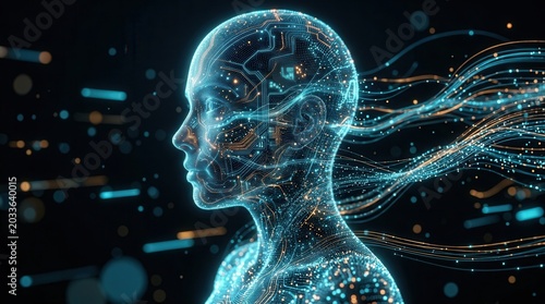 Futuristic AI visualization featuring data-driven insights and a complex communication network.