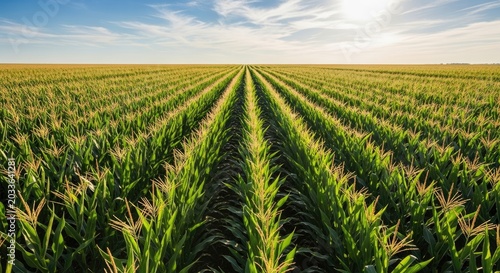 A vast expanse of green cornfields stretching out into the horizon under a clear blue sky, with a few clouds scattered across the sky.