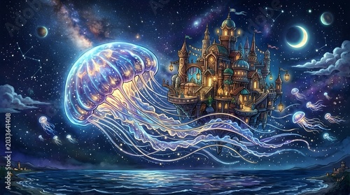 Fantasy castle floating on magical ocean under stars