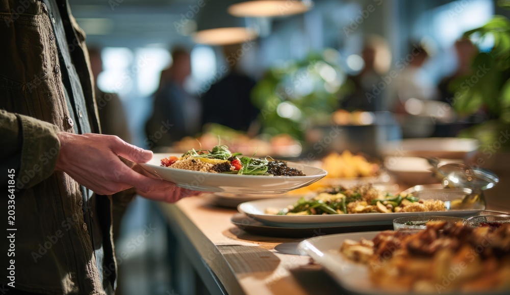 Obraz premium Person serving themselves a variety of colorful dishes from a buffet table at an office event, showcasing diverse textures and fresh ingredients