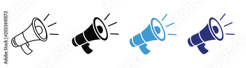 Tableau sur toile Megaphone icon set featuring four styles including solid black, bright blue, and dark blue isolated vector illustrations