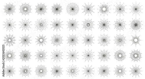 Extensive grid of fifty unique vintage sunburst and starburst line art symbols for design and decoration use.