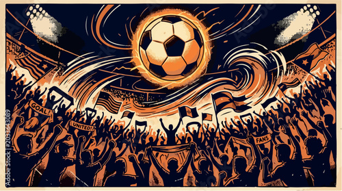 Vintage soccer stadium illustration with cheering crowd, retro football match poster with flaming ball, athletic sports fan celebration vector isolated PNG with Transparent Background