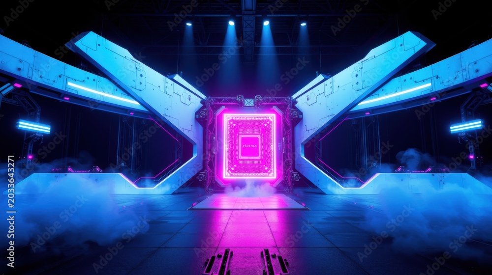 Obraz premium Futuristic corridor glows with vibrant neon lights. Smoke fills space creating dramatic effect. Geometric shapes dominate design.