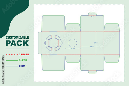 Photos Tuck end box dieline template with precise measurements, bleed, trim, and crease
