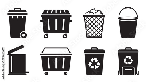 Set of Solid Black Vector Icons Representing Various Waste Containers and Trash Bins for Environmental Management Concepts and Urban Sanitation Systems Design Projects