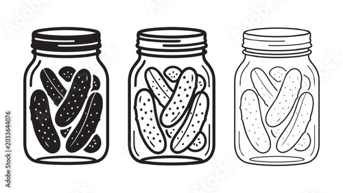 Set of Three Glass Pickle Jars Vector Illustration Featuring Solid Silhouette Detailed Line Art and Outline Styles for Culinary Packaging and Rustic Kitchen Branding